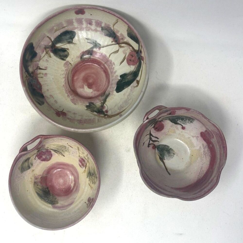 Set of Handmade Wheel Spun Art Ceramic Pottery Bowl Set Strawberry, Rice, Signed